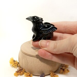 May include: A small black ceramic figurine of a mythical creature with wings. The creature has a long beak and is perched on a wooden box.