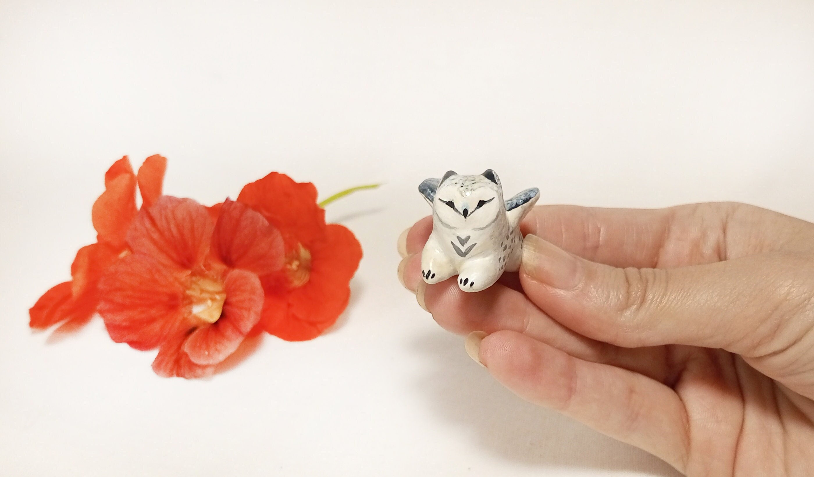 Baby owl griffin figurine Snowy gryphon sculpture TO ORDER Tiny clay animal statue Cat griffin mini