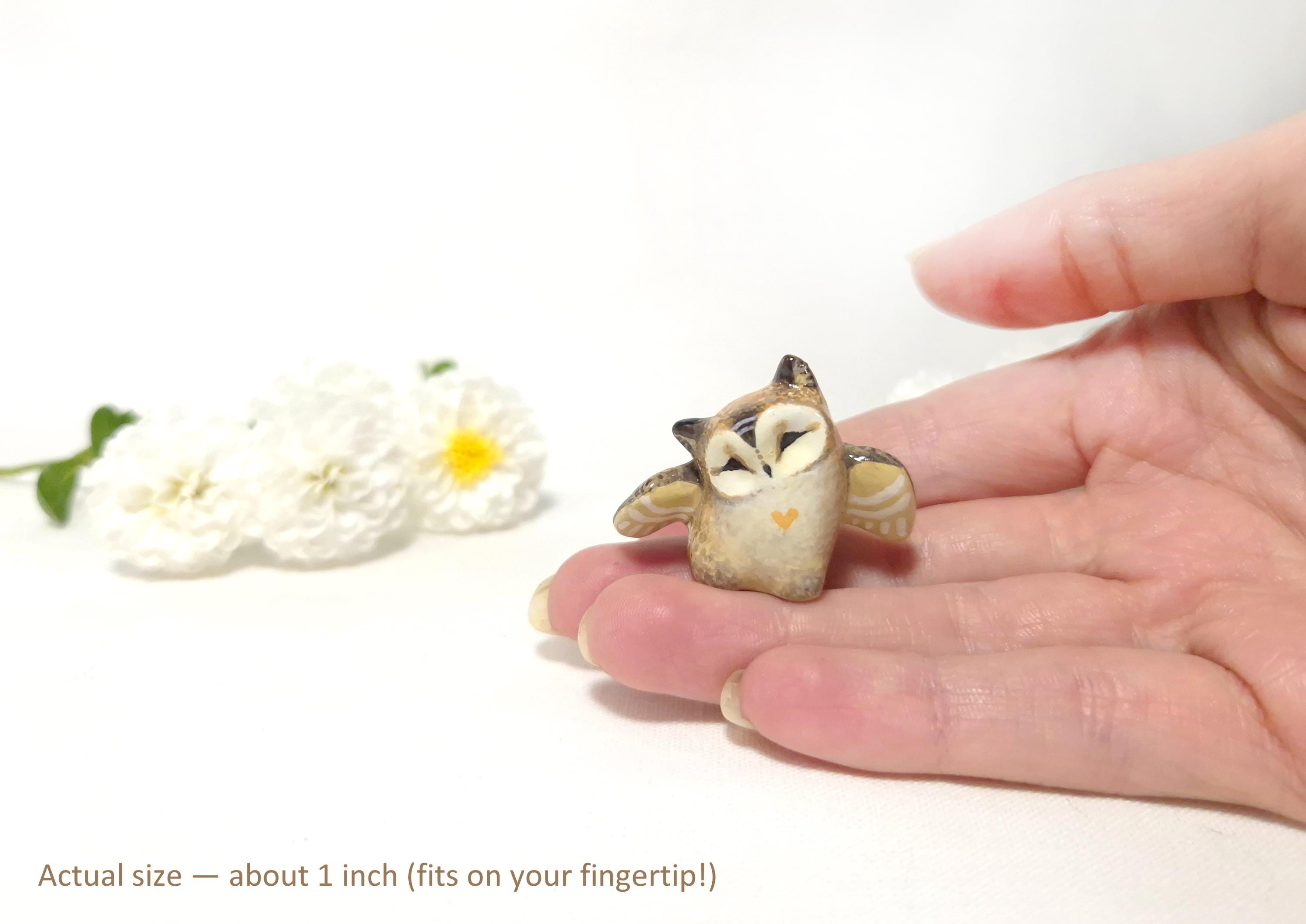 Happy Owl Figurine &ndash; Mini Clay Bird &ndash; Made to Order - Tiny Kawaii Sculpture &ndash; Cute