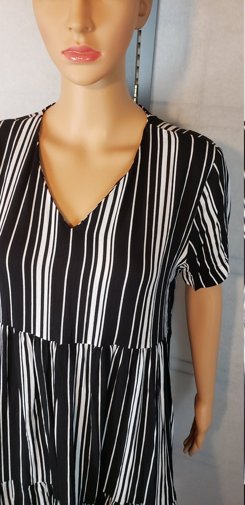 Cotton Striped Smock Dress with Red Fringes