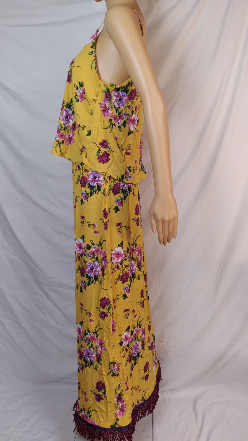 Yellow Overlay Maxi Dress with Burgundy Fringes