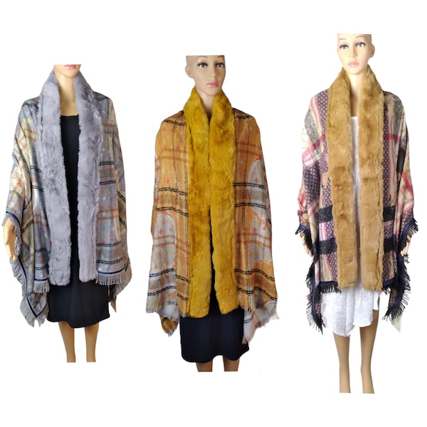 Reversible Faux Fur Collar Poncho/Shawl with Fringes
