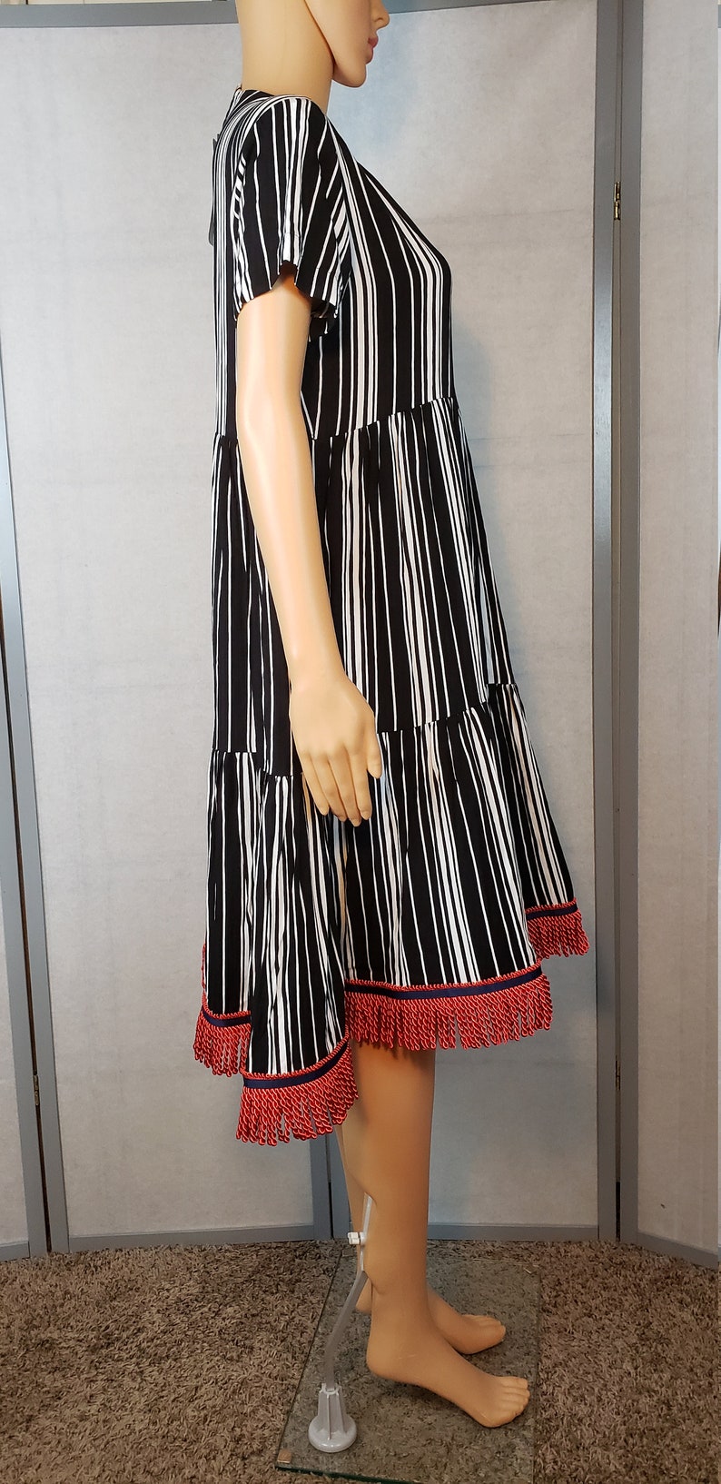 Cotton Striped Smock Dress with Red Fringes