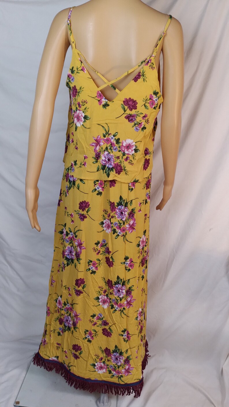 Yellow Overlay Maxi Dress with Burgundy Fringes