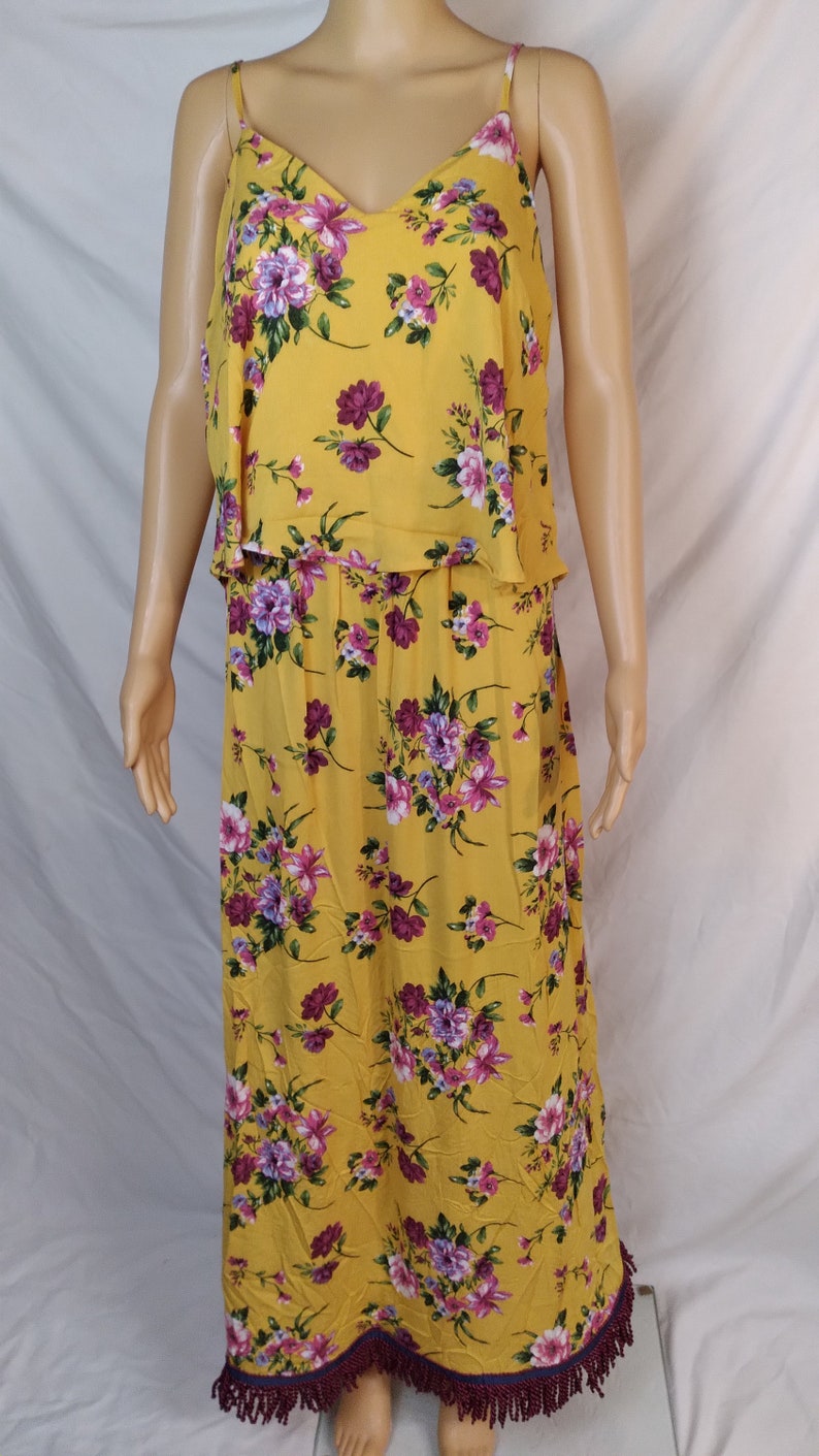 Yellow Overlay Maxi Dress with Burgundy Fringes
