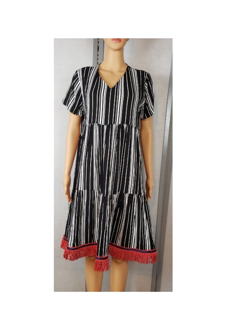Cotton Striped Smock Dress with Red Fringes