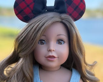 18” Doll Minnie Mouse Ear Headband-Red and Black Plaid