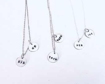 Gender Pronoun Pendant Necklace | Sterling Silver | He/Him | She/Her | They/Them | Handmade | Silversmith | Unique | Gift | Ontario, Canada