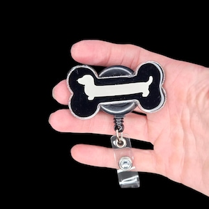 Dachshund Bone Badge Reel, Black & White Retractable ID Holder, Cute Dog Work Accessory for Nurses, Teachers, Vet Techs