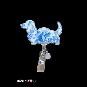 French Toile Badge Reel: Long haired Haired Weiner Dog, Retractable ID Holder
