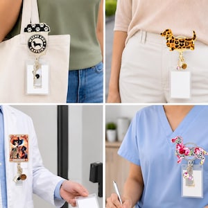 May include: A collection of four retractable badge reels featuring various designs: a coffee cup with a dachshund silhouette, a leopard print dachshund, a skeleton with a dog, and a floral dachshund, each attached to a clear plastic card holder.