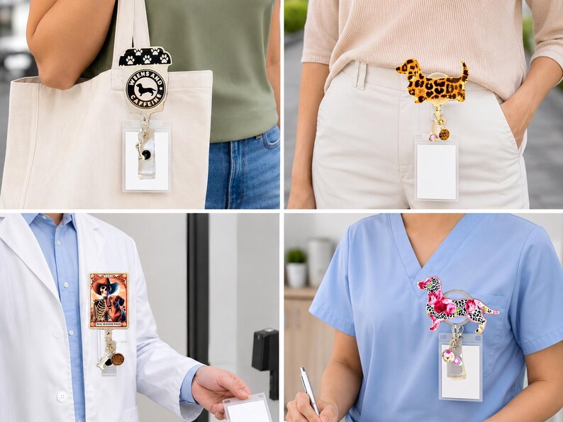 May include: A collection of four retractable badge reels featuring various designs: a coffee cup with a dachshund silhouette, a leopard print dachshund, a skeleton with a dog, and a floral dachshund, each attached to a clear plastic card holder.