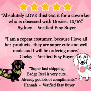 May include: A pink graphic featuring five yellow stars and three customer reviews. The text includes testimonials from Sydney, Chelsy, and Hannah. Two illustrations of dachshunds are present: one black dog with floral patterns and one white dog with flowers.