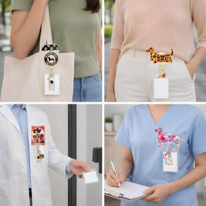 May include: A collection of four retractable badge reels featuring various designs including a coffee cup with a dachshund silhouette and the text Weens and Caffeine, a leopard print dachshund, a skeleton illustration, and a floral patterned dachshund.