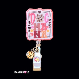 Dog Mama Badge Reel, Floral Paw Print Retractable ID Holder