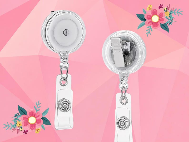 May include: Two clear plastic badge reels with retractable cords and metal belt clips on the back. Each reel features a white circular center and a clear plastic strap with a metal snap button closure at the bottom for attaching identification cards.