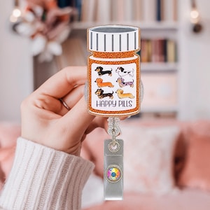 Dachshund Pill Bottle Badge Reel: Glitter Vet Tech ID Holder