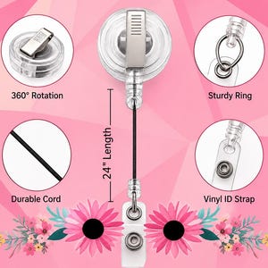 May include: A clear plastic retractable badge reel featuring a 24-inch cord, a 360-degree rotating clip, a sturdy metal ring, and a clear vinyl ID strap. The design includes labels for 360-degree rotation, sturdy ring, durable cord, and vinyl ID strap.