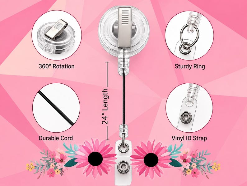 May include: A clear plastic retractable badge reel featuring a 24-inch cord, a 360-degree rotating clip, a sturdy metal ring, and a clear vinyl ID strap. The design includes labels for 360-degree rotation, sturdy ring, durable cord, and vinyl ID strap.