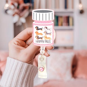 Pastillas de la felicidad Antidepresivos Perro salchicha: Soporte para identificación Técnico veterinario, Porta credenciales de salchicha, Mamá de perro salchicha