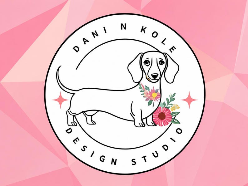 May include: A circular logo featuring a black and white line drawing of a dachshund dog with a floral arrangement around its neck. The text DANI N KOLE DESIGN STUDIO is printed in black along the inner border, with two small pink four-pointed stars.