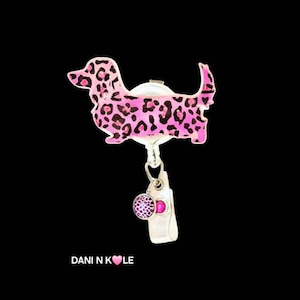 Leopard Dachshund Badge Reel: Glitter Vet Tech ID Clip