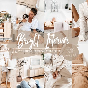 May include: A collage of images showcasing a bright and airy interior design aesthetic. The images feature a white sofa, a wooden bookcase, a bedroom with a beige duvet, a bathroom with a bath, and a person holding a small dog. The text "Bright Interior" is superimposed on the images, along with the text "With Bonus Instagram Story Filter" and "Lunar & Willow".