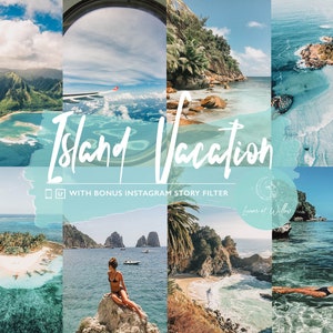 Pode incluir: Uma colagem de seis imagens que mostram destinos de férias tropicais em ilhas. As imagens apresentam praias, água turquesa, vegetação exuberante e uma vista da janela de um avião. O texto "Island Vacation" está escrito em letras brancas em itálico sobre um fundo de aquarela azul. O texto "With Bonus Instagram Story Filter" está escrito em preto abaixo do título.