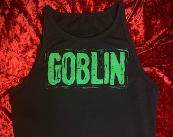 CROPTANK // GOBLIN // hand printed goblin core inspired black and green tank top