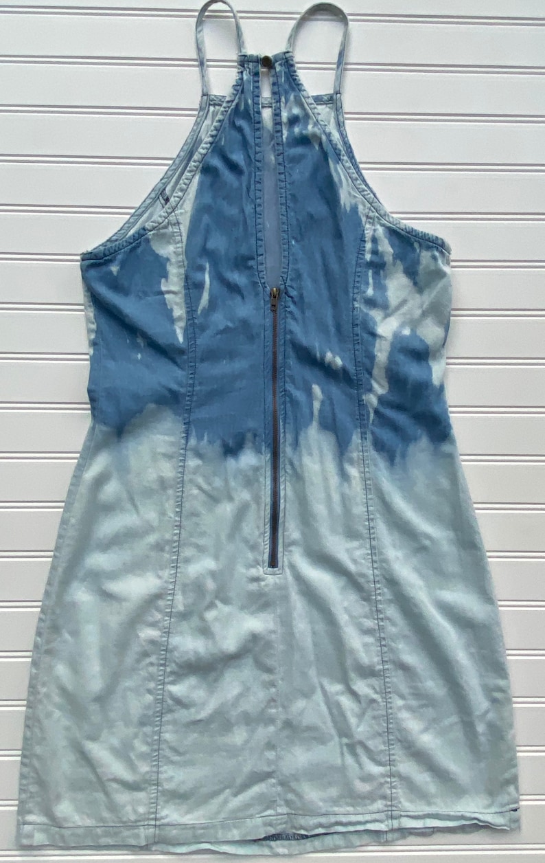 M Vintage Inspired Retro Chambray Dip-Dyed Ombre Dress Acid Washed Sweetheart Halter Dress