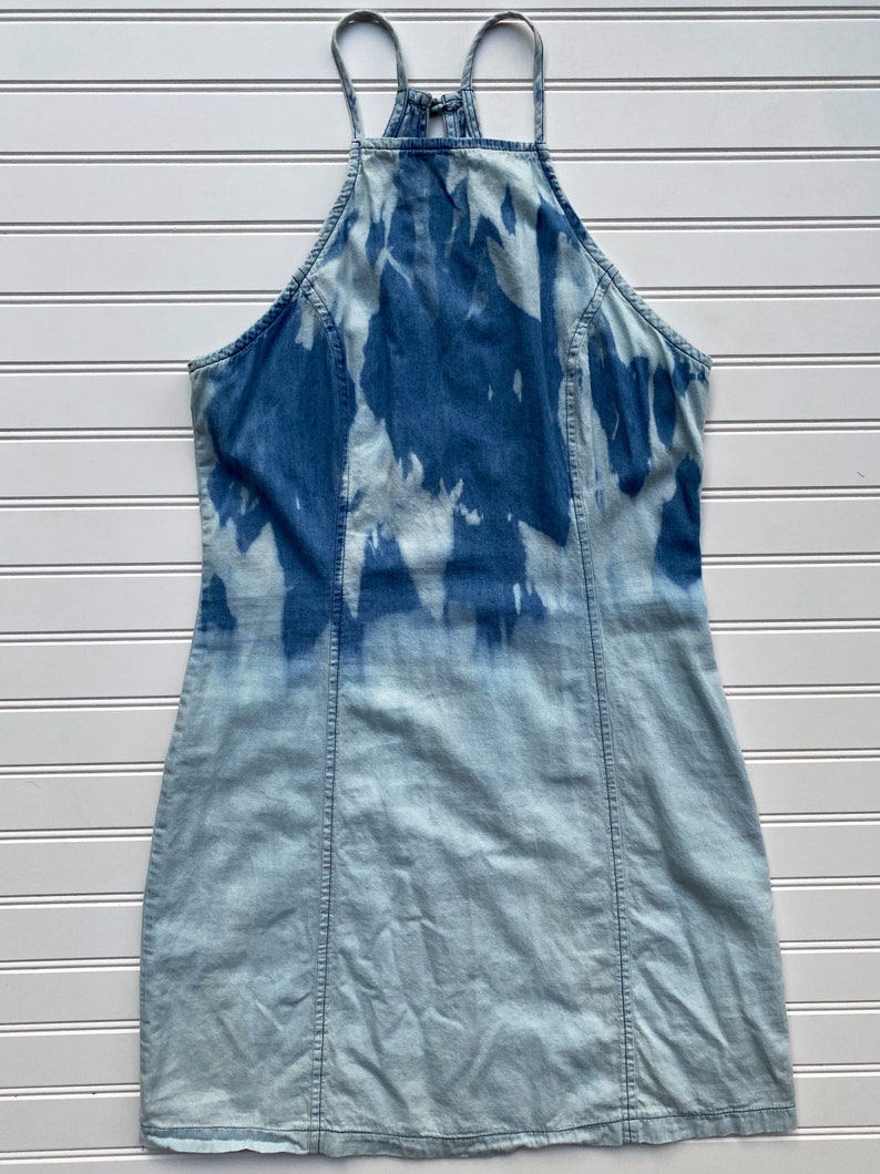 M Vintage Inspired Retro Chambray Dip-Dyed Ombre Dress Acid Washed Sweetheart Halter Dress