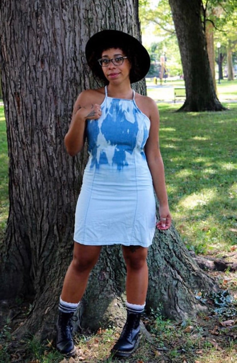 M Vintage Inspired Retro Chambray Dip-Dyed Ombre Dress Acid Washed Sweetheart Halter Dress
