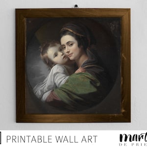 Printable wall art, vintage portrait of woman and baby, square antique print c. 1700s by artist Benjamin West. Fine art painting download