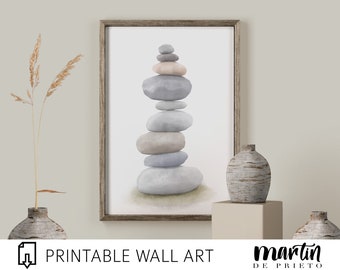 May include: A printable wall art print featuring a stack of gray and beige stones in a minimalist style. The stones are stacked in a zen-like formation, creating a calming and serene atmosphere.