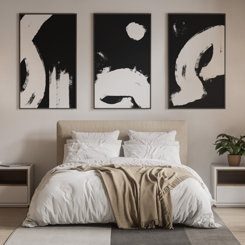 Set of 3 prints / Abstract wall art / Black and white art / Digital prints / Japanese paintings / Acrylic brush stroke / Minimal home decor image 3