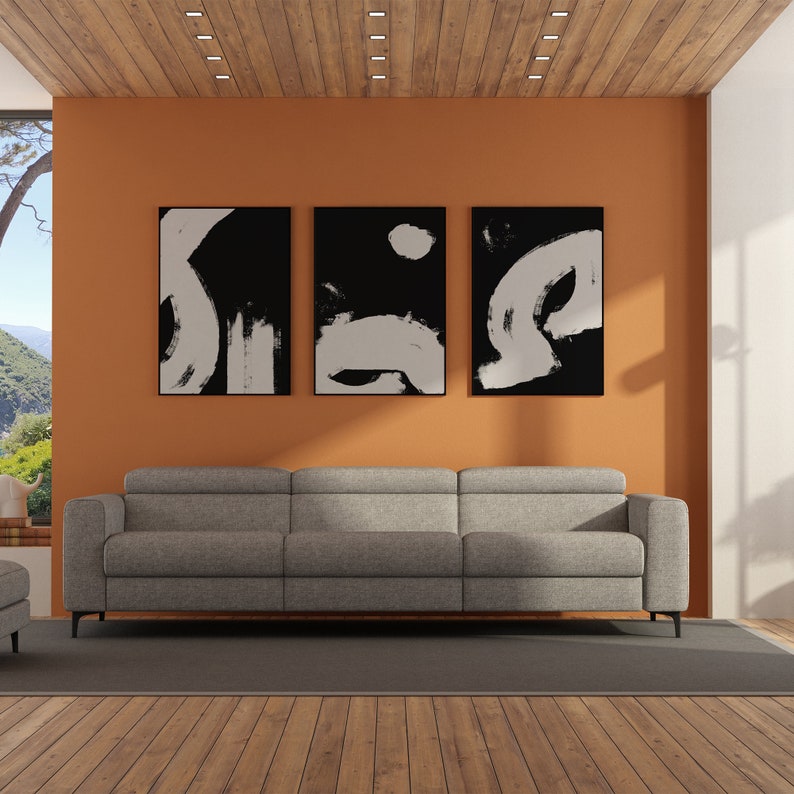 Set of 3 prints / Abstract wall art / Black and white art / Digital prints / Japanese paintings / Acrylic brush stroke / Minimal home decor image 2