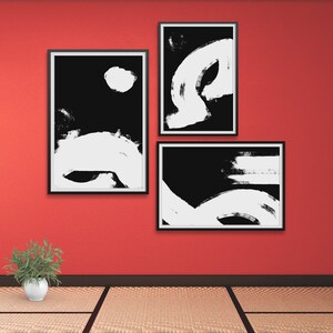 Set of 3 prints / Abstract wall art / Black and white art / Digital prints / Japanese paintings / Acrylic brush stroke / Minimal home decor image 5