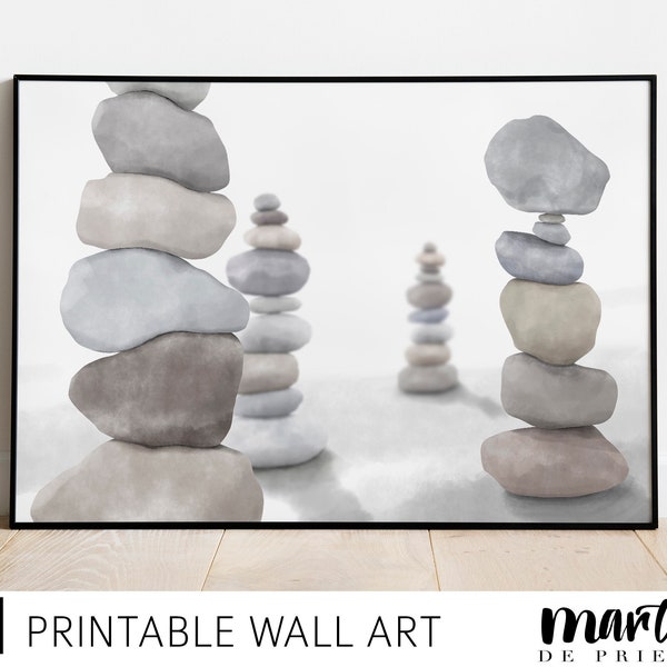 Printable wall art rock stacking or stone balancing horizontal print, balanced stacked pebbles, digital download zen neutral minimal artwork