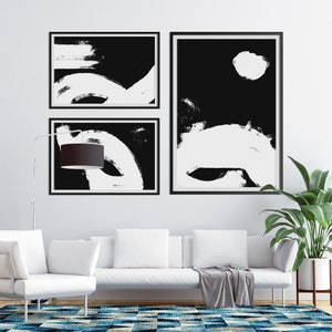 Set of 3 prints / Abstract wall art / Black and white art / Digital prints / Japanese paintings / Acrylic brush stroke / Minimal home decor image 4