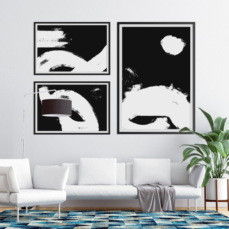 Set of 3 prints / Abstract wall art / Black and white art / Digital prints / Japanese paintings / Acrylic brush stroke / Minimal home decor image 4