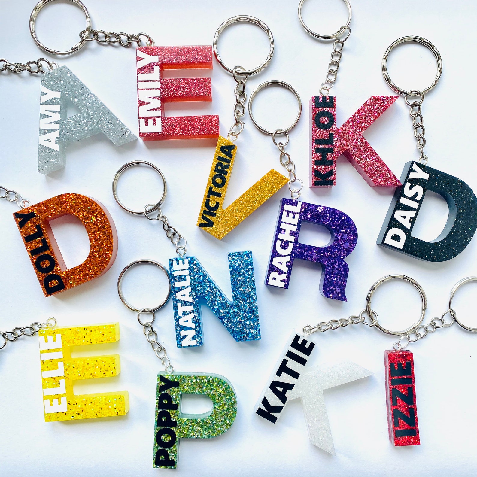 Personalised Custom Name Glitter Resin Keychain Letter Keyring Etsy