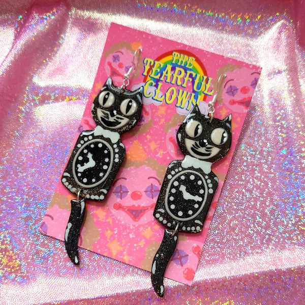handmade cat clock glittery earrings vintage 60s / quirky weirdcore / UK gift