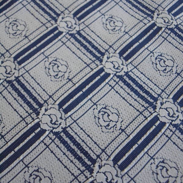 Blue white rose pattern double knit fabric 1 yard 21" x 57" wide textured floral stretchy fabric for pant suit or reupholstery home decor