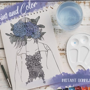 Floral Girl druckbare Svg-Datei | Linienkunst zum Färben | Clipart