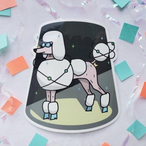 May include: A white poodle with a pink body and a white fluffy head is wearing a white space suit with green and blue accents. The poodle is standing on a black and white background with a white circle around it. The poodle has a blue and green space helmet on its head.