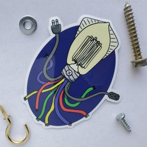 May include: A colorful sticker featuring a lightbulb with a squid-like body. The lightbulb is white with black lines and the body is made of colorful wires. The sticker is on a blue background.
