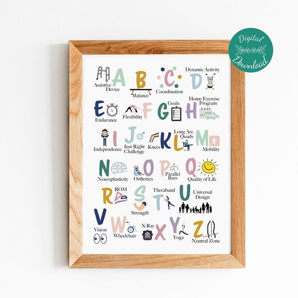 ABCs of Physical Therapy, PT Alphabet, Digital Download, Physiotherapy Poster, Print for Physical Therapist