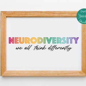 Neurodiversity Poster, We all think differently, Landscape Orientation, Rainbow Print, Digital Download