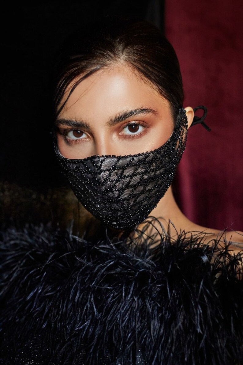 Black beaded Fashion Lace face Mask Etsy