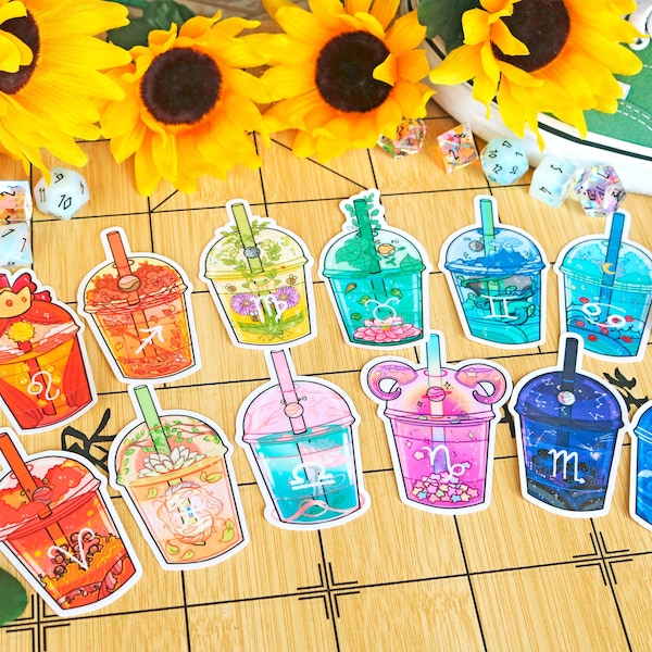 Zodiac Boba Tea Stickers! [Aries, Taurus, Gemini, Cancer, Leo, Virgo, Libra, Scorpio, Sagittarius, Capricorn, Pisces, etc!]